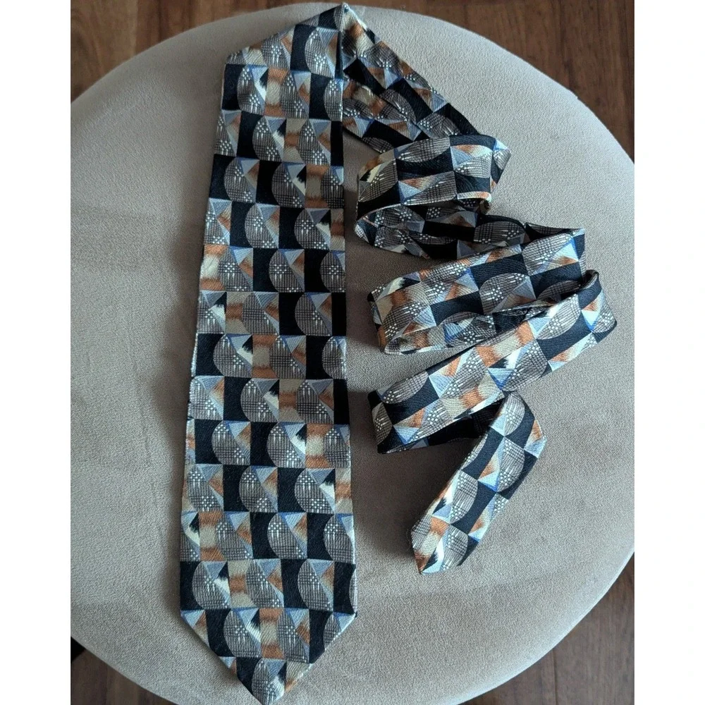VTG Courreges Homme Mens Geometric 100% Silk Tie Black Brown‎ Tan Blue Abstract